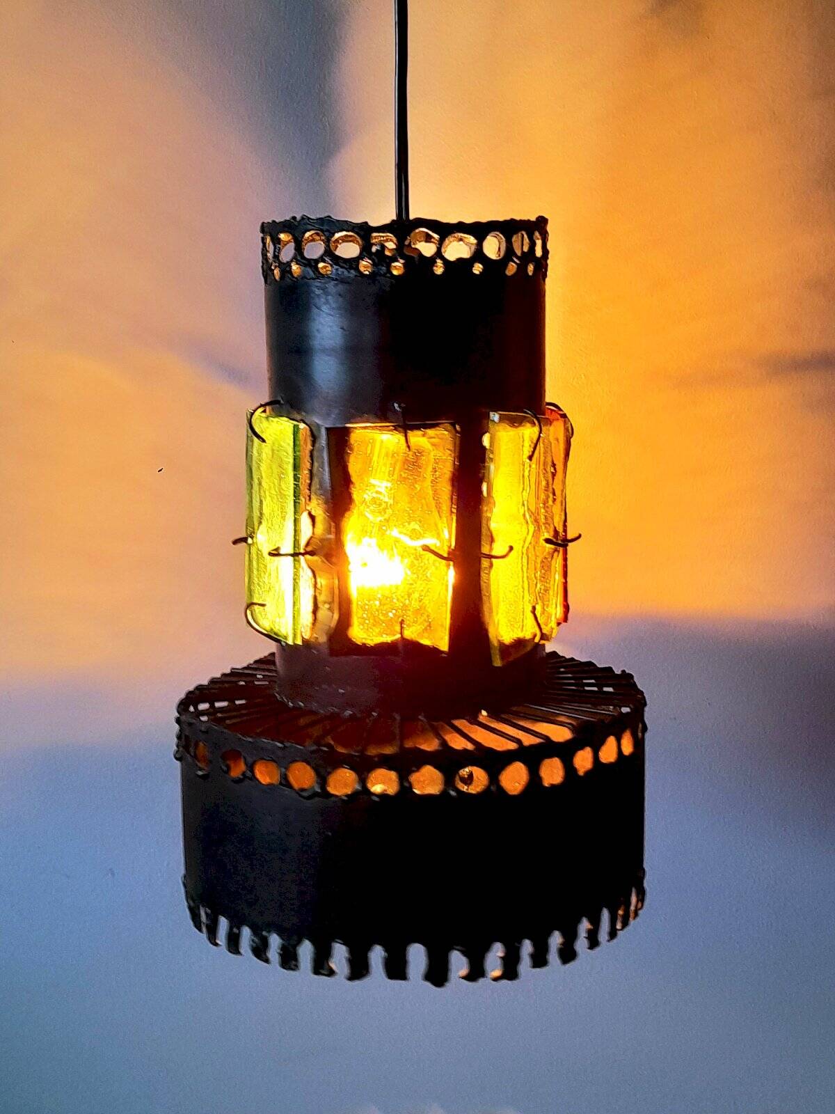 Brutalist suspension light 1960 industrial metal/glass