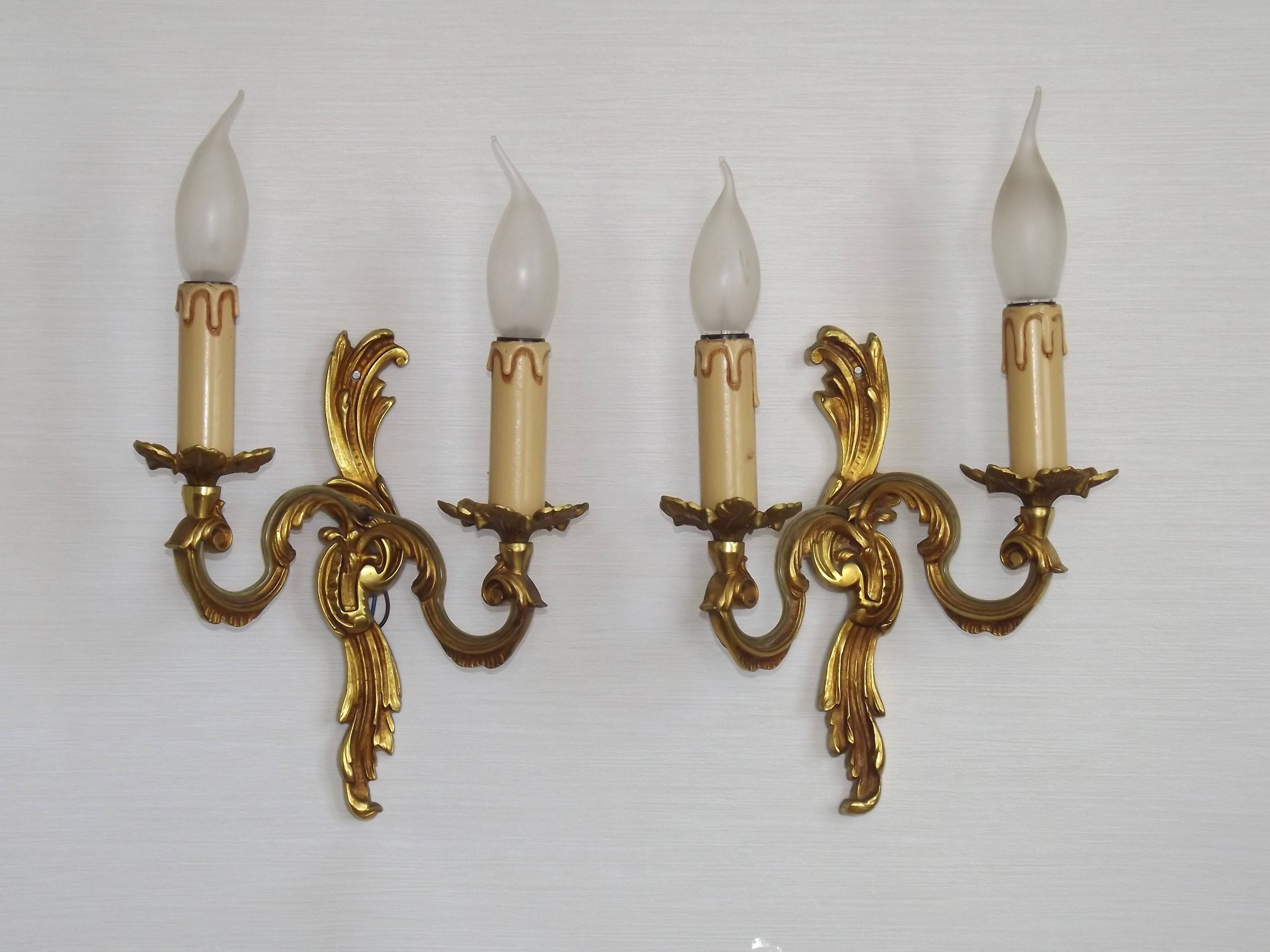 Stylish Vintage French Bronze Double Wall Sconces with Acanthus Leaf Detail