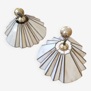 Pair of vintage hanging lamps fan / mother-of-pearl and brass