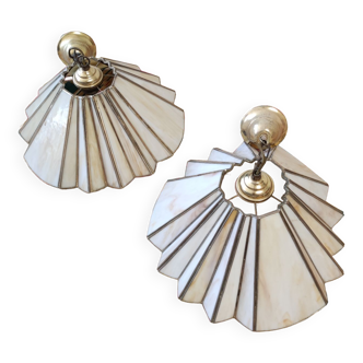 Pair of vintage fan pendant lights / mother-of-pearl and brass