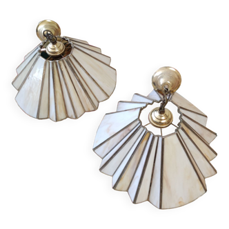 Pair of vintage hanging lamps fan / mother-of-pearl and brass