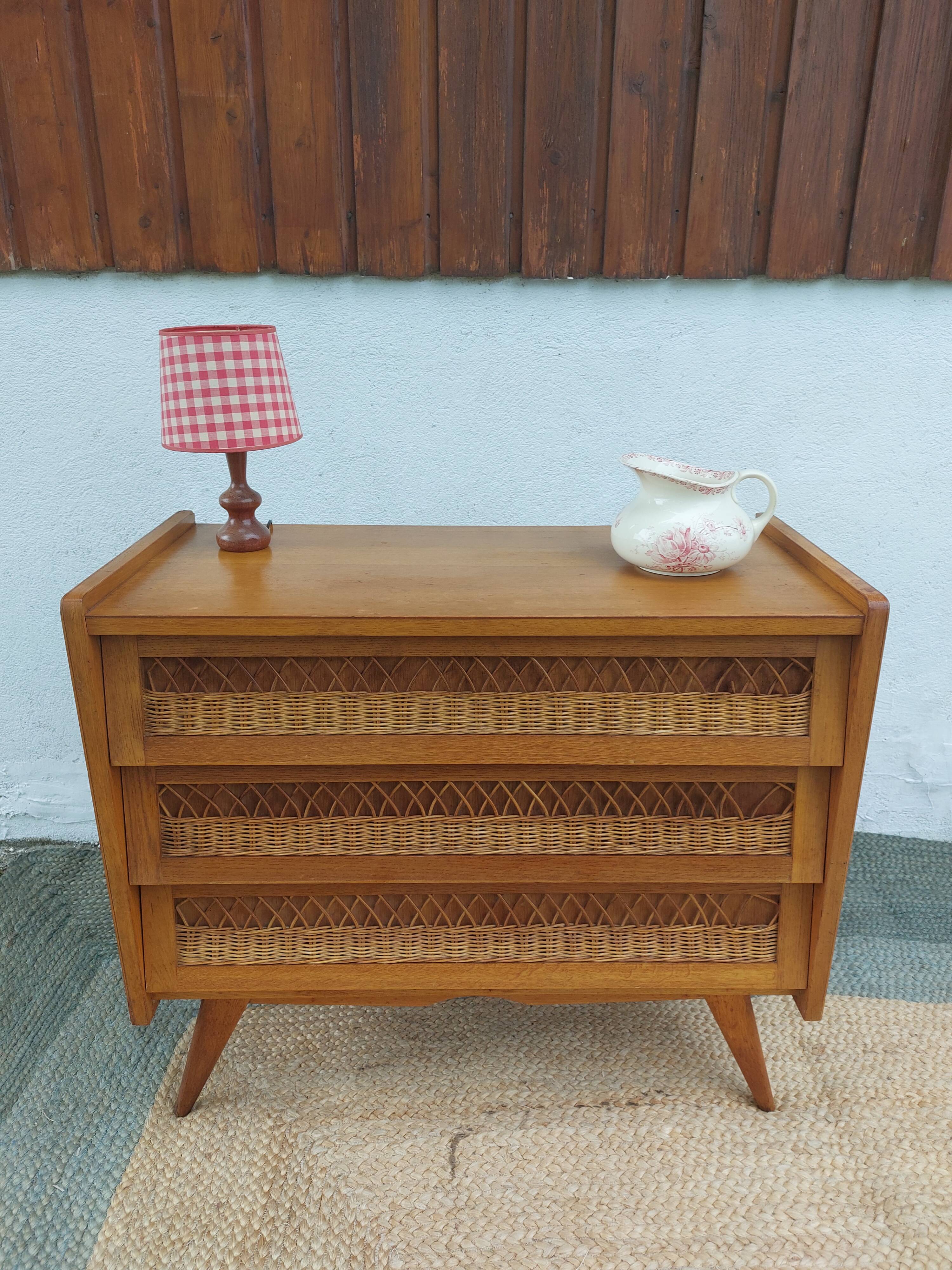 commode pieds compas, osier, vintage