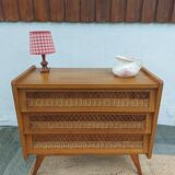commode pieds compas, osier, vintage