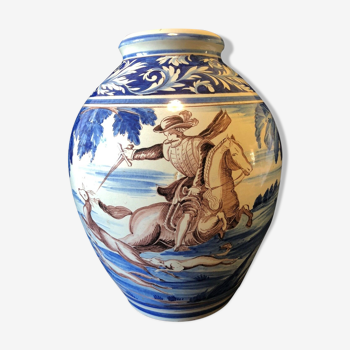 Vase ovoid earthenware nineteenth or twentieth horse hunting horses signature N