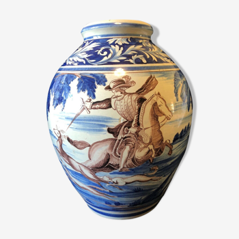 Vase ovoïde faïence XIXe ou XXe Chasse cheval chevaux signature N