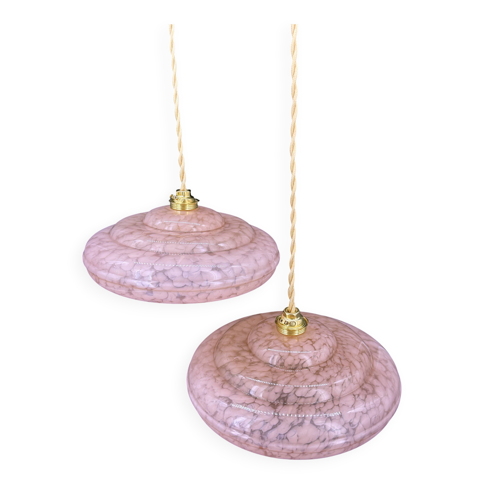 Pair of pink marbled Clichy glass pendant lights – 1950s