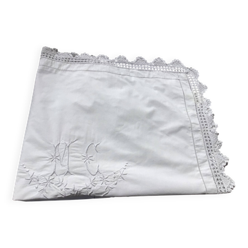 MC embroidered pillowcase with flower detailing and crocheted edge