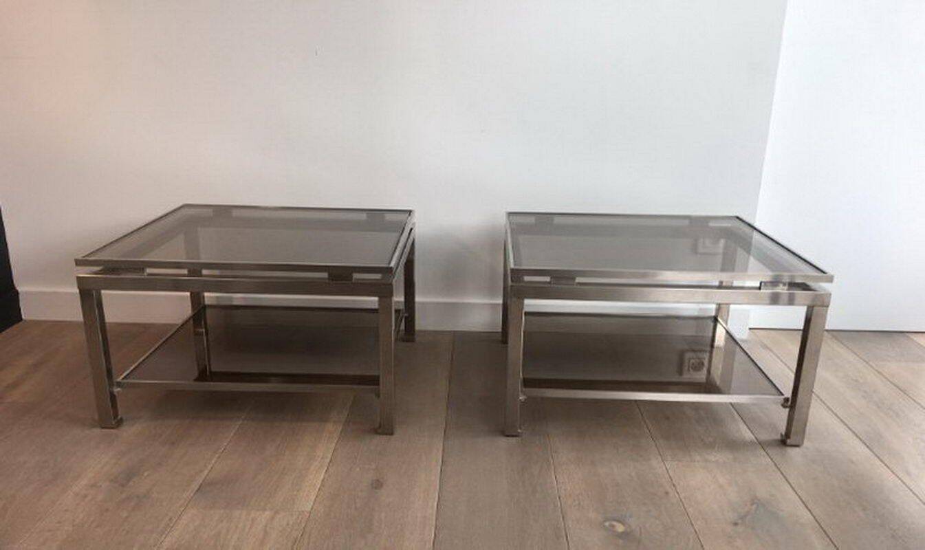 Pair of side tables in brushed steel. Guy Lefèvre for Maison Jansen