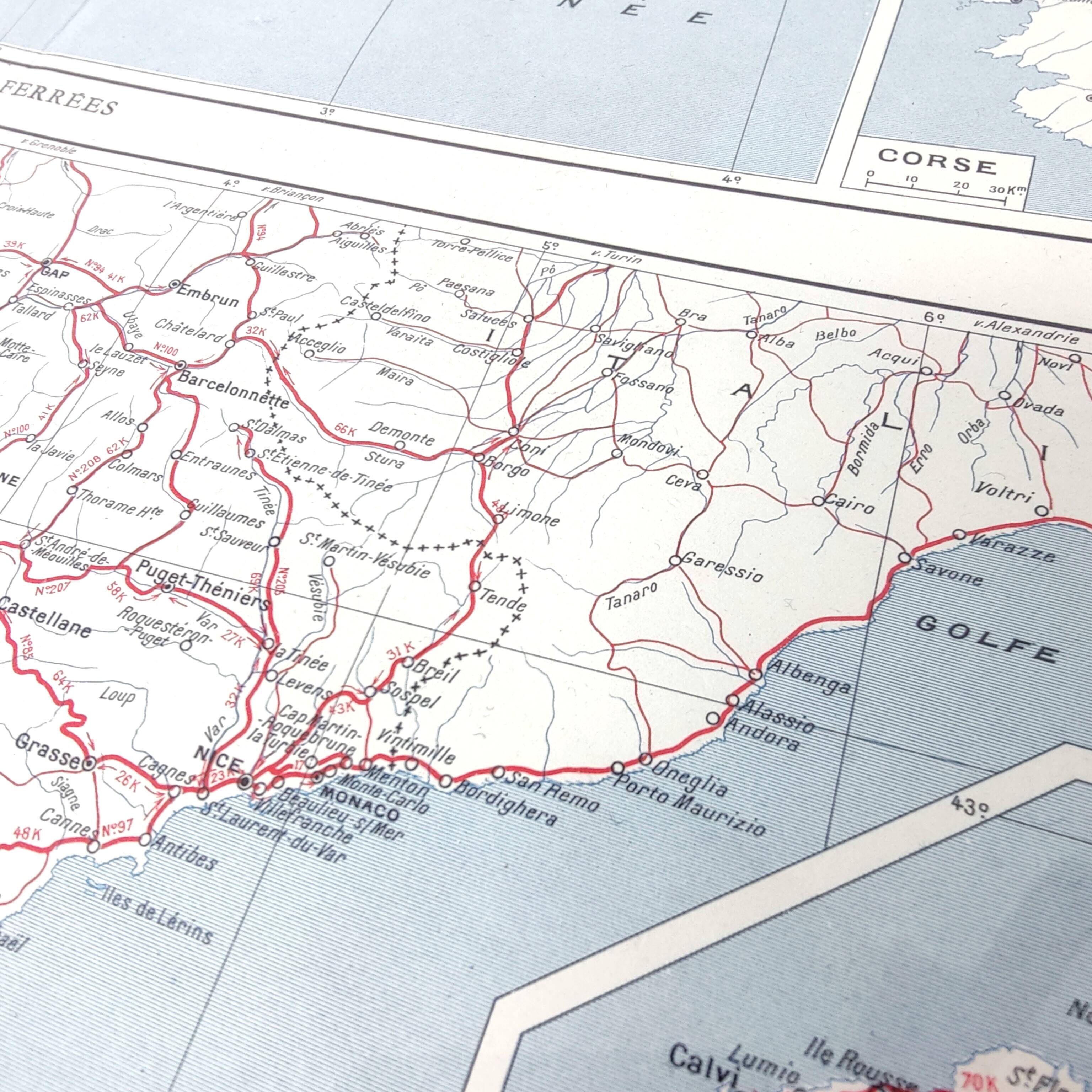 Old map of Corsica and southern Mediterranean France 43x43cm from 1950