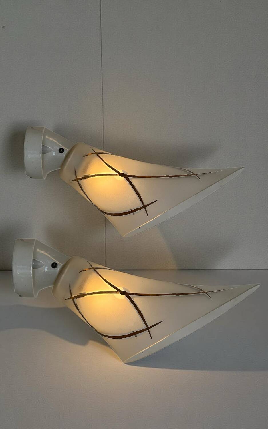 Pair of Art Deco opaline and porcelain wall lights