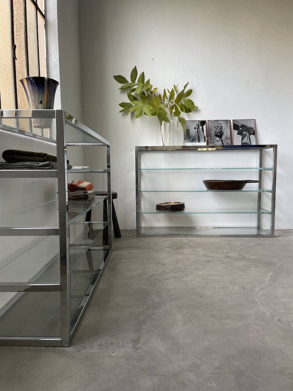 Pair of chrome and glass shelves from the 70s