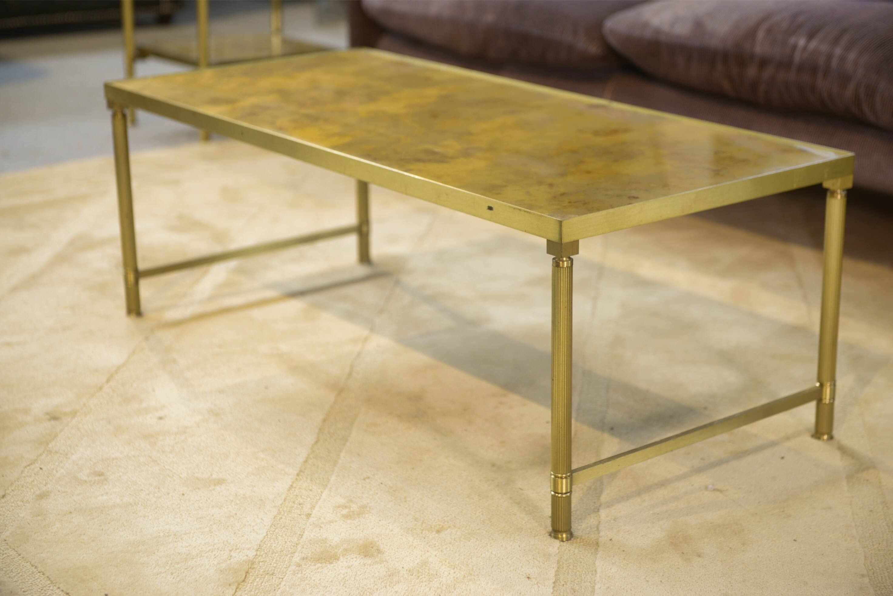 Néo-classical coffee table set with 2 side tables, mirrored glass, 1980s.