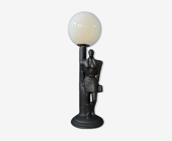 Lampe de bureau art déco vintage en porcelaine avec abat-jour en verre