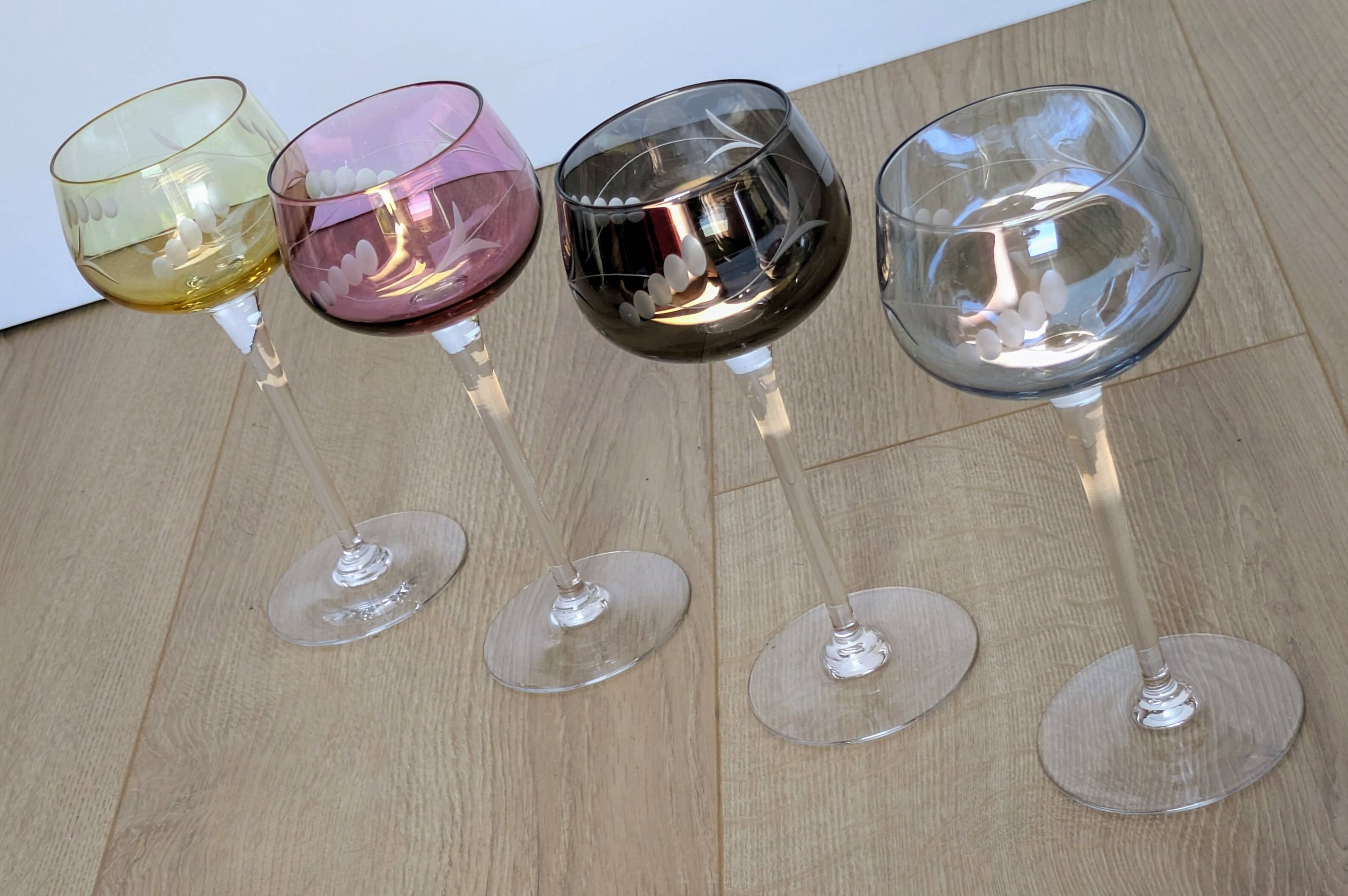 Set of 4 Hand Engraved "Harlequin" Colored Crystal Wine Glasses 1960