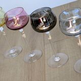 Set of 4 Hand Engraved "Harlequin" Colored Crystal Wine Glasses 1960