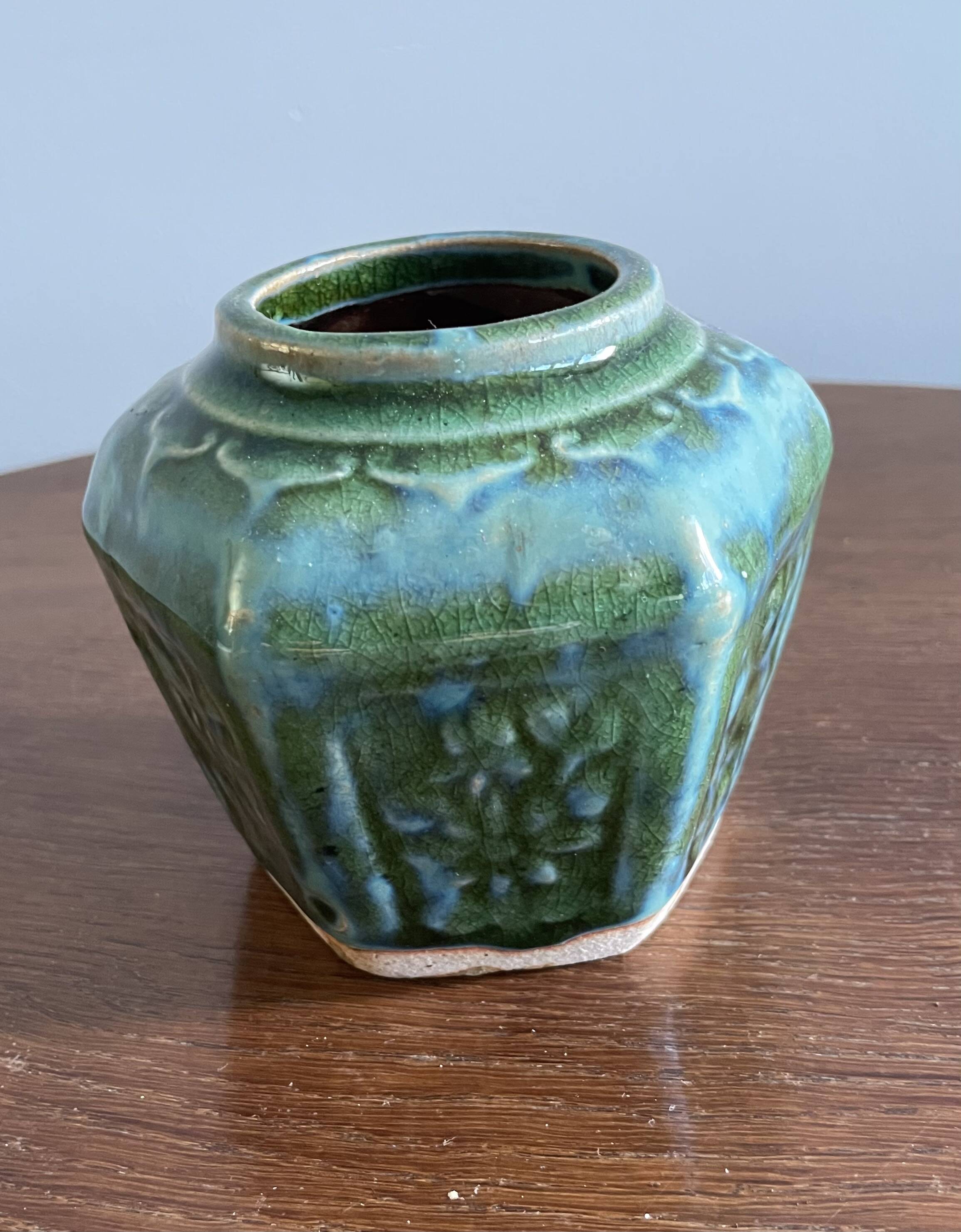 Deep green and light blue glazed hexagonal Shiwan ware ginger jar (collection of six jars, different sizes, floral designs)