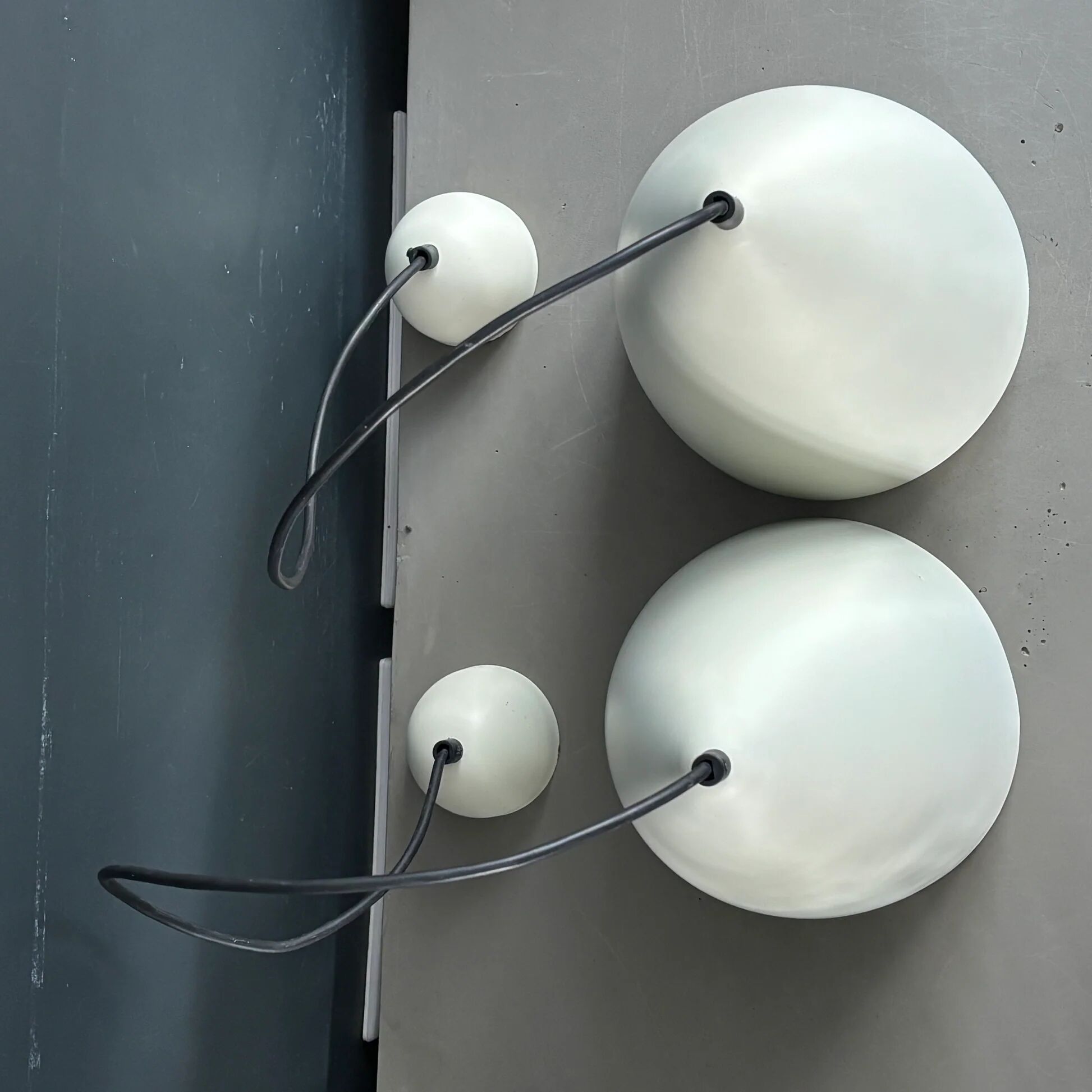 Pair of lacquered metal pendant lights with rose.