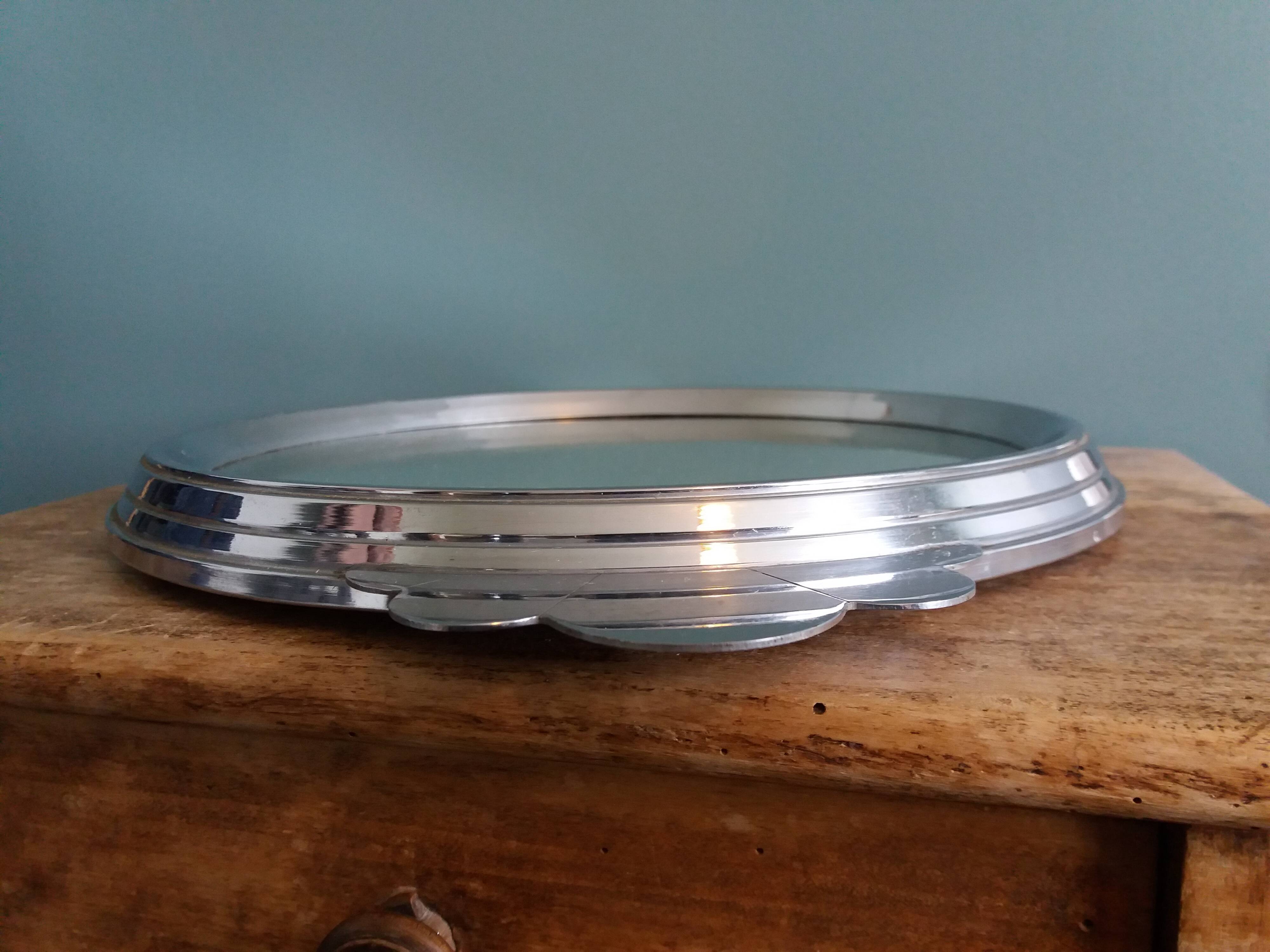 Art Deco silver round mirror tray