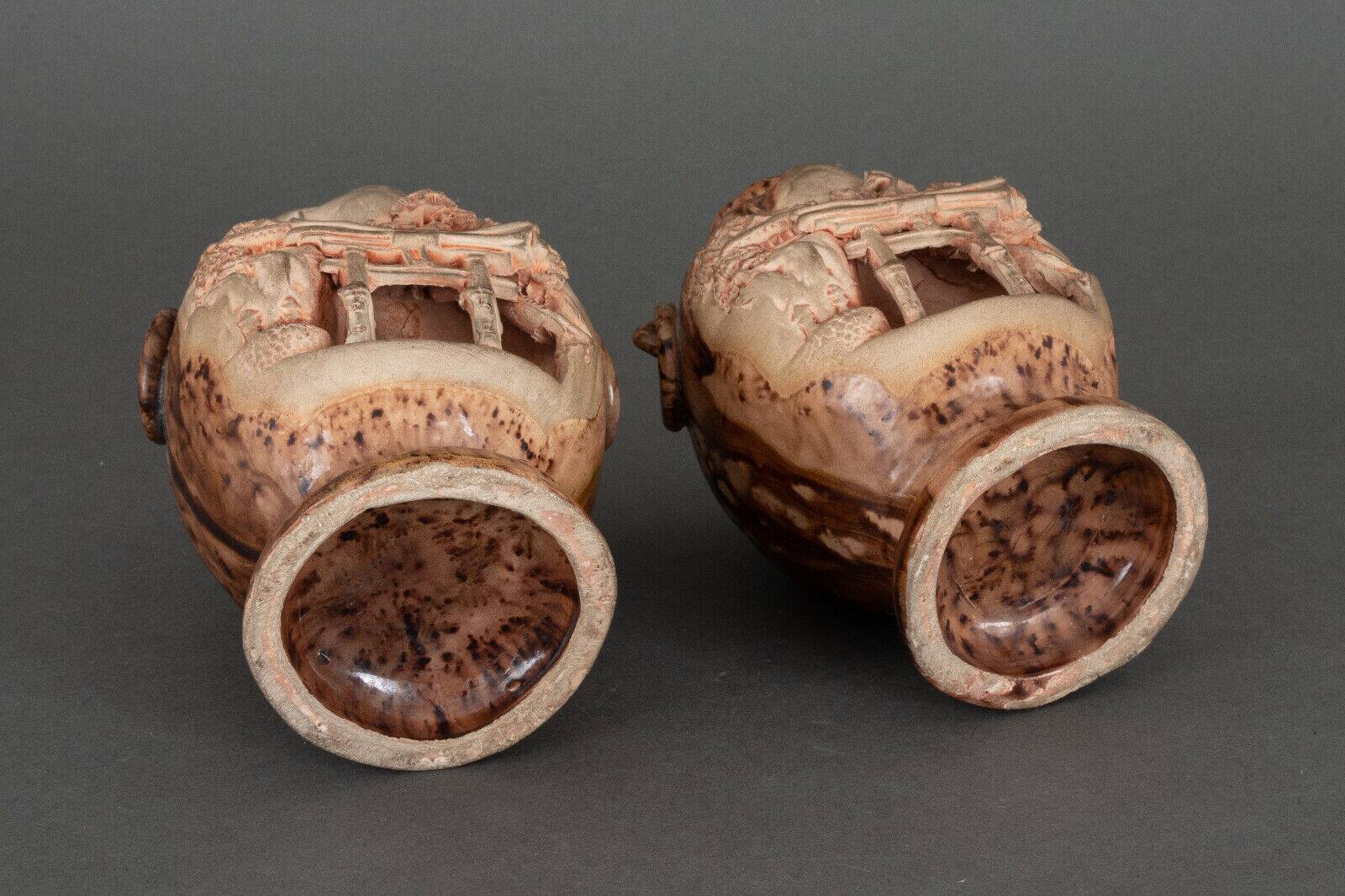 Pair of Banko Ware vases from China ceramic temple and pagoda decor