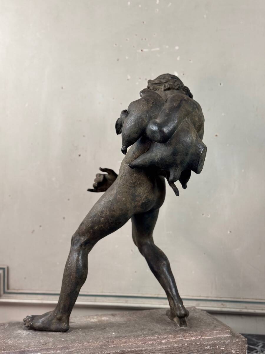 Faun with a Wineskin, Large Bronze Patina Excavated, Object from the Grand Tour, 19th Century