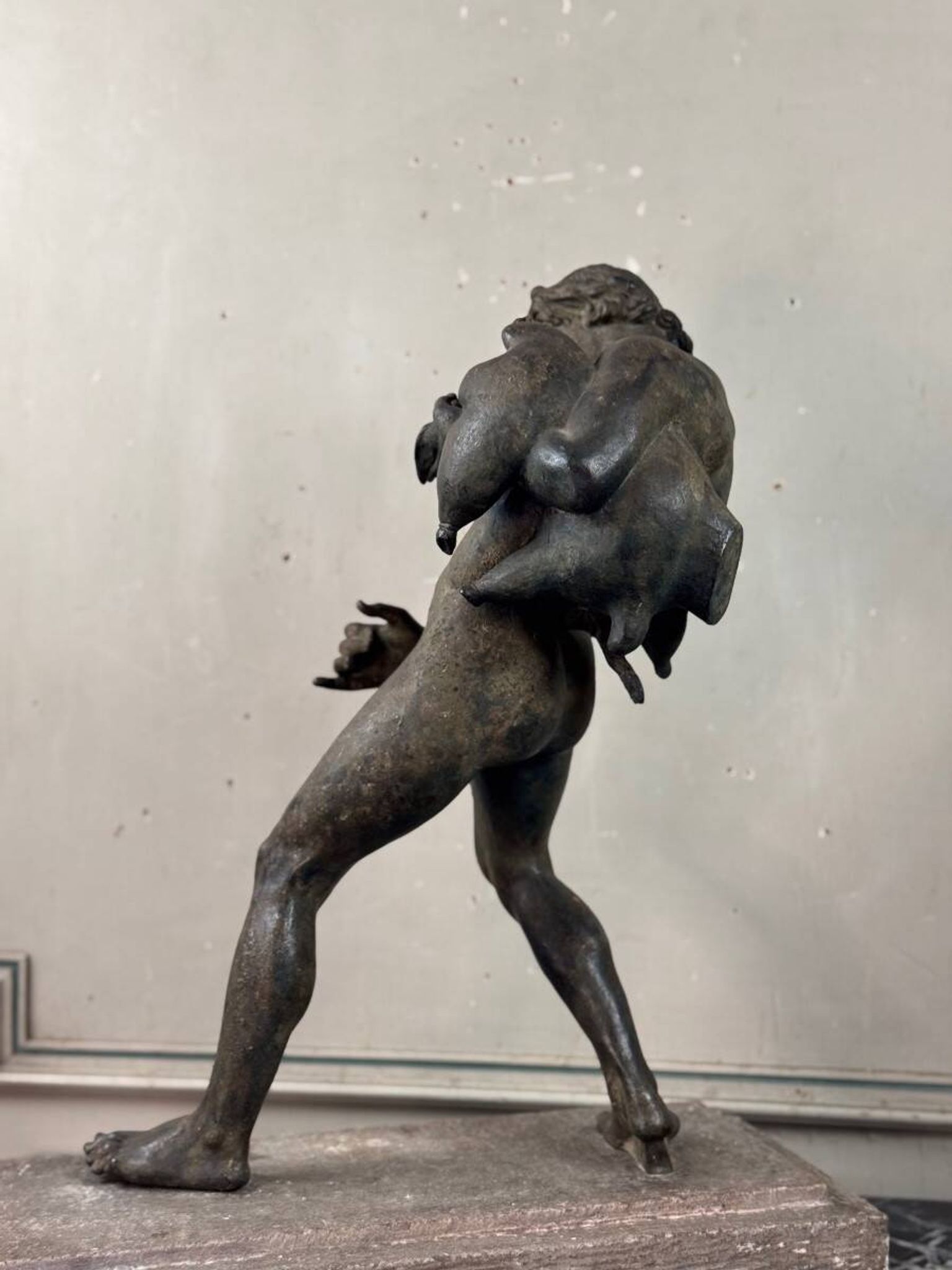 Faun with a Wineskin, Large Bronze Patina Excavated, Object from the Grand Tour, 19th Century