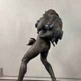 Faun with a Wineskin, Large Bronze Patina Excavated, Object from the Grand Tour, 19th Century