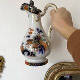 Antique polychrome porcelain jug, Orientalist decoration.