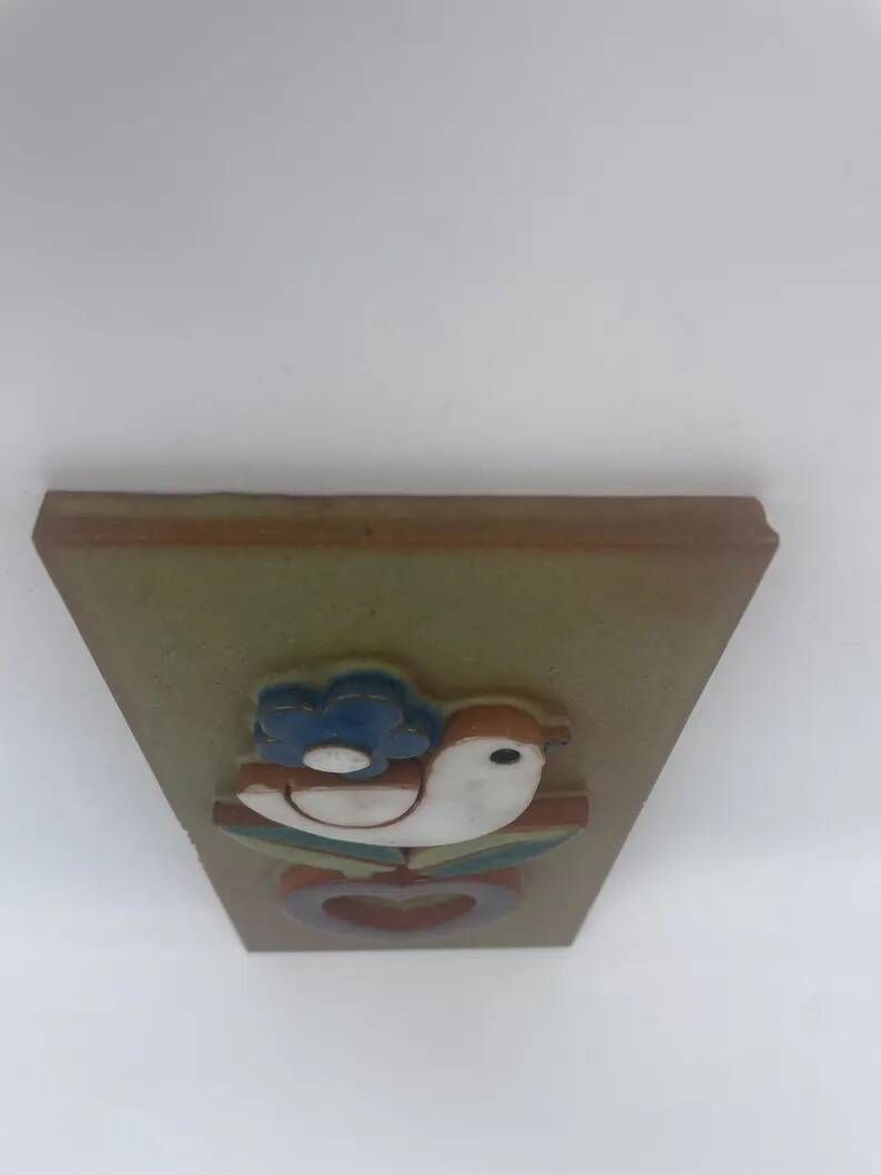 Vintage ceramic wall plaque, bird and heart, Made in Spain, Mithé Espelt style.
