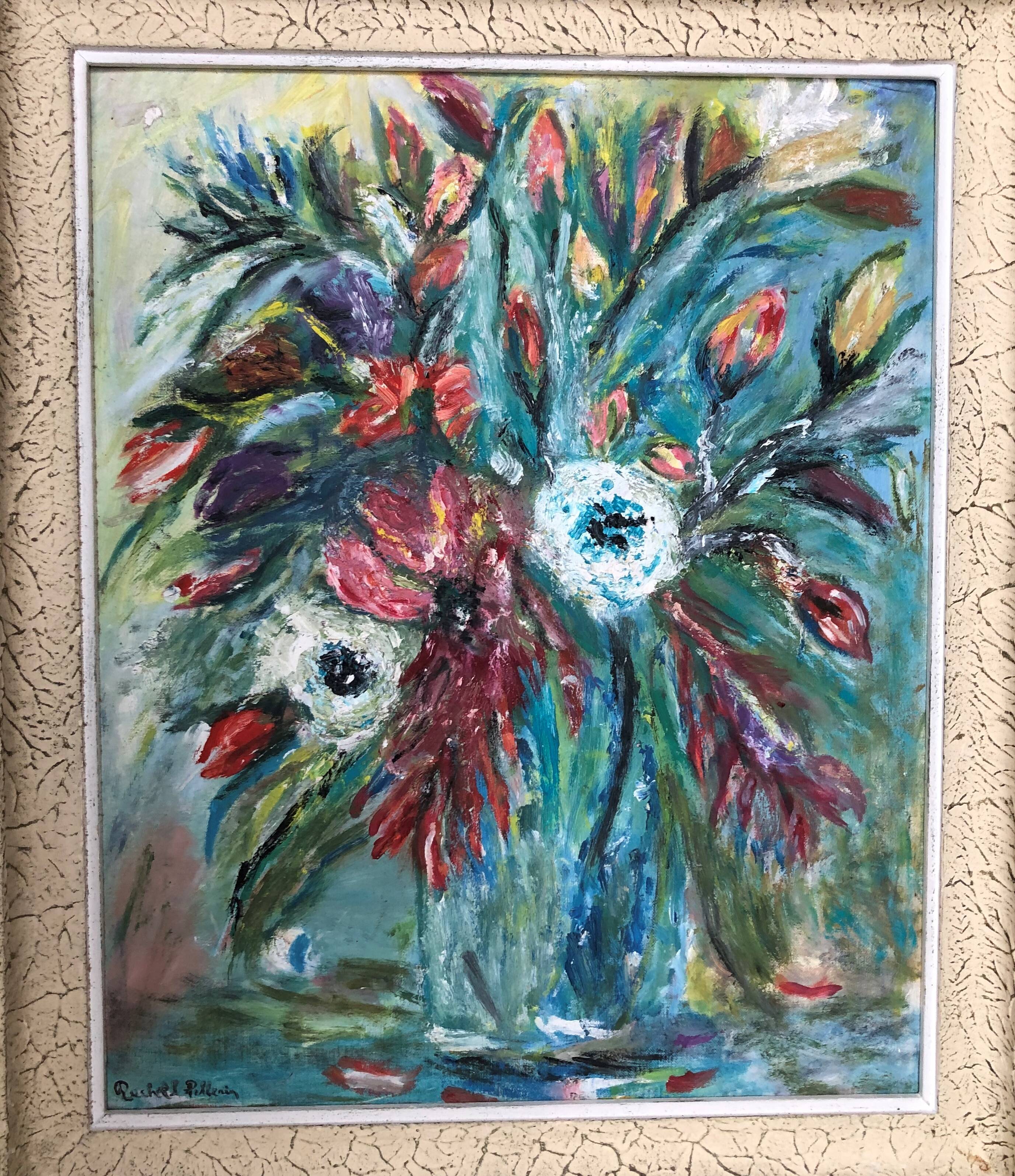 Painting: oil on still life panel with a tawny bouquet