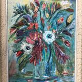 Painting: oil on still life panel with a tawny bouquet