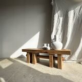 Solid wood bench with openwork base crossed by a cylinder - Mango wood