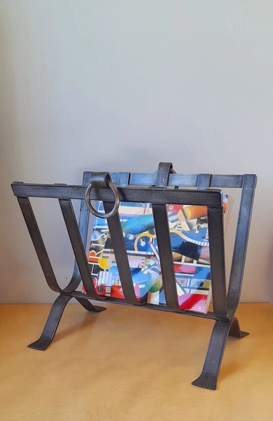 Brutalist Steel Magazine Rack by J. Adnet, 1950.