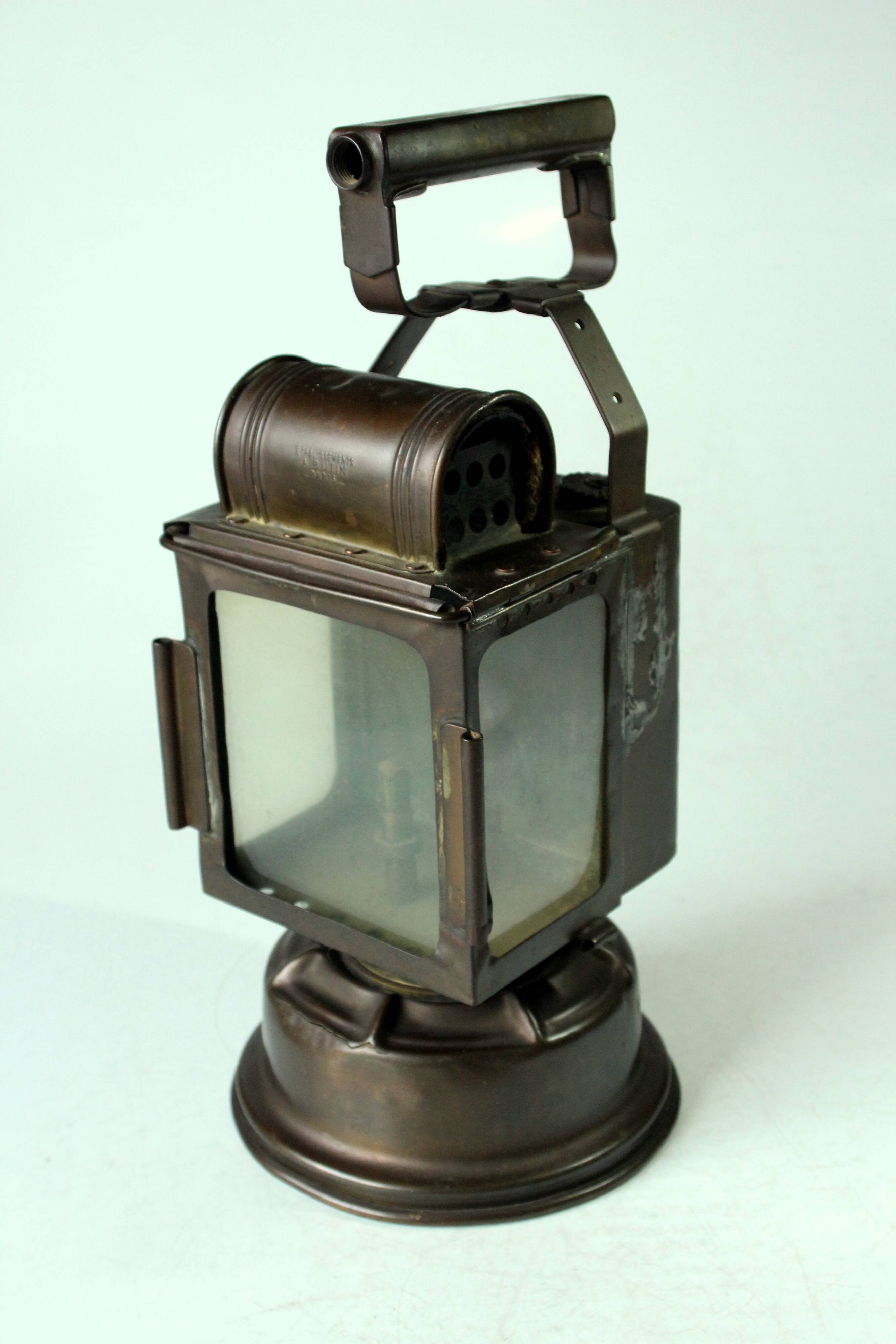 1930s - old carbide lamp, railway signal lamp, made of copper, metal and glass, by A. Butin/Paris