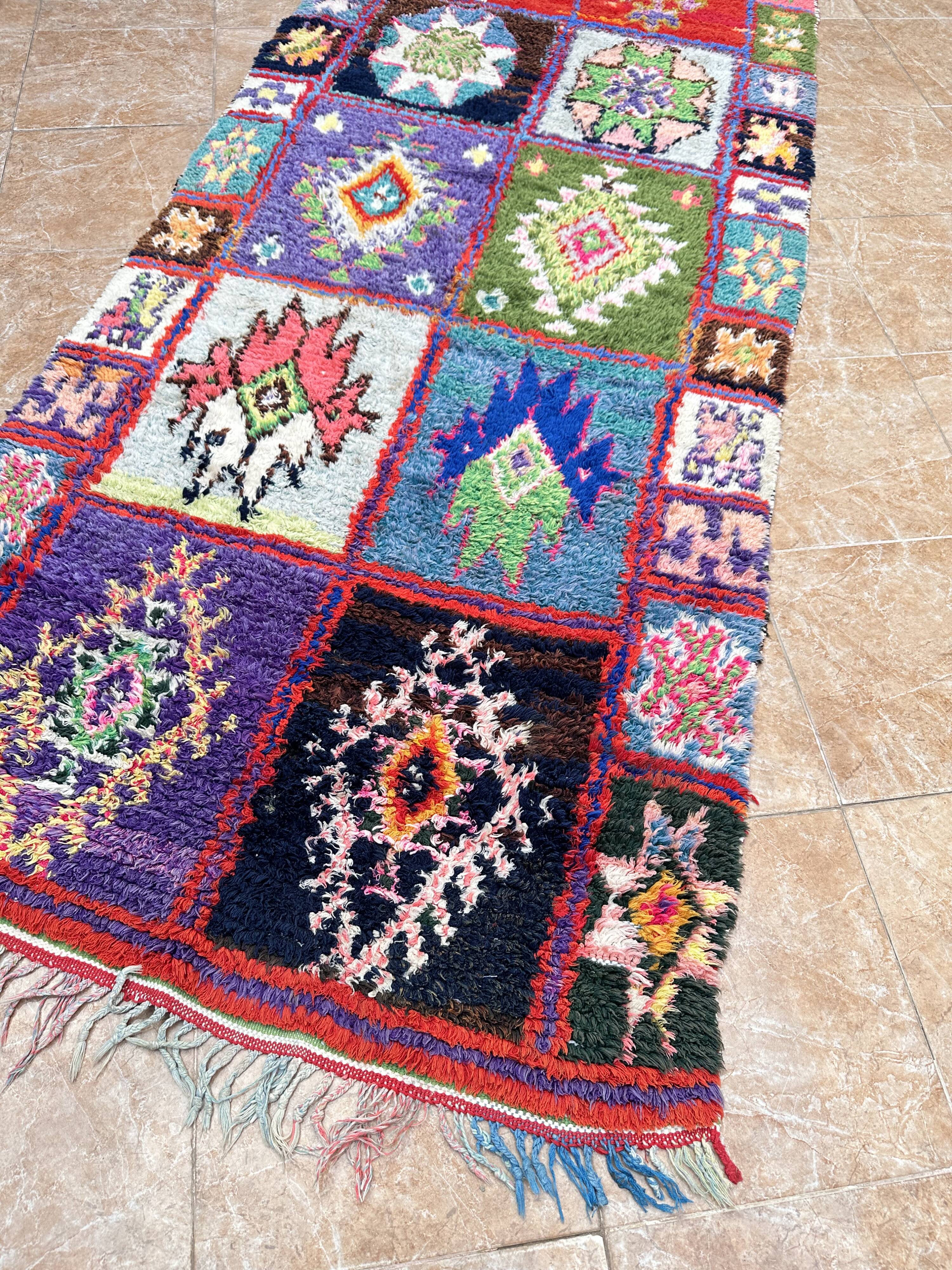 Vintage Boucherouite hallway rug: handwoven Berber rug.