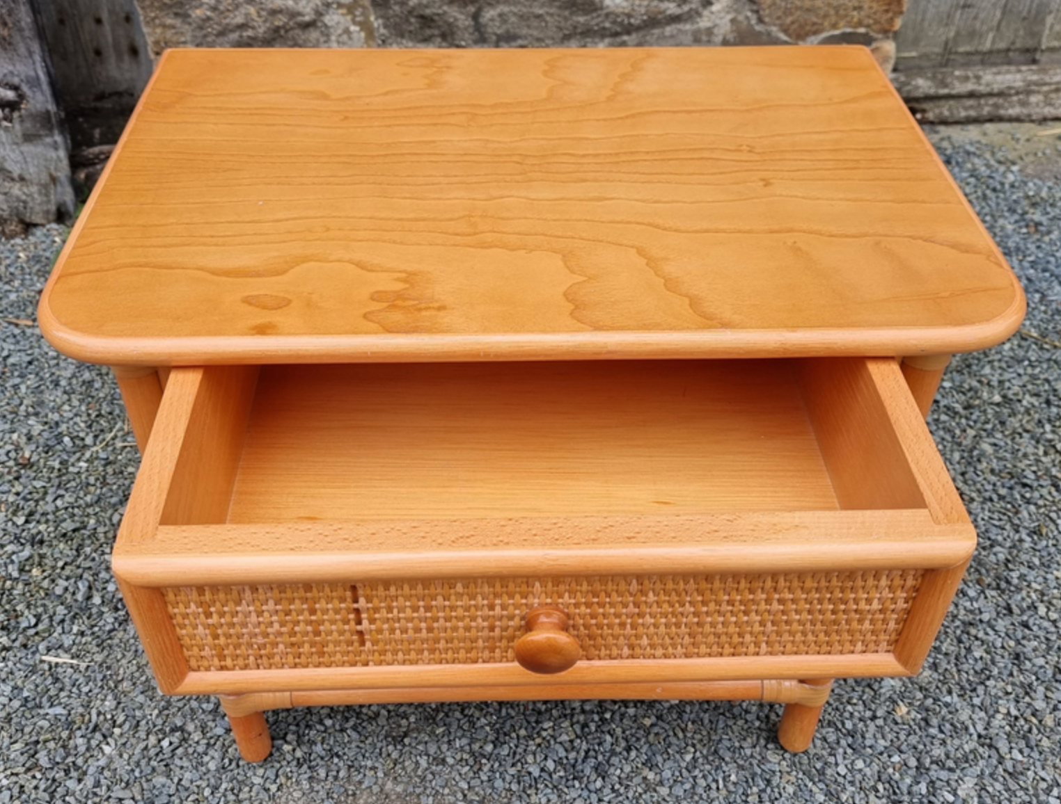 Maugrion bedside table for Roche Bobois, wood and rattan, 80s