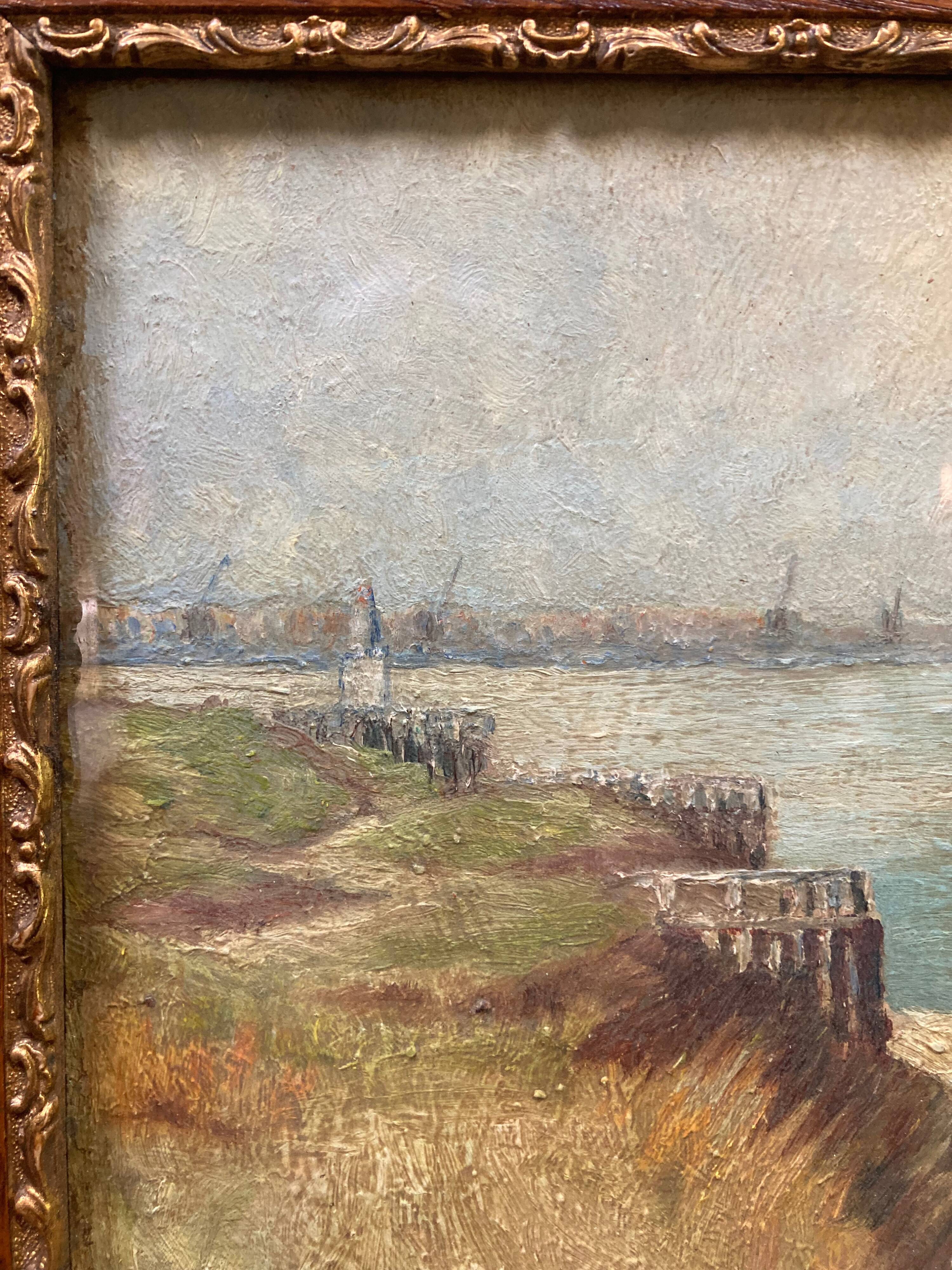 Oil painting of Harwich Docks by Geoffrey French. 1930