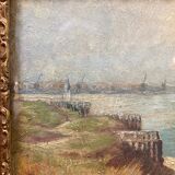 Oil painting of Harwich Docks by Geoffrey French. 1930