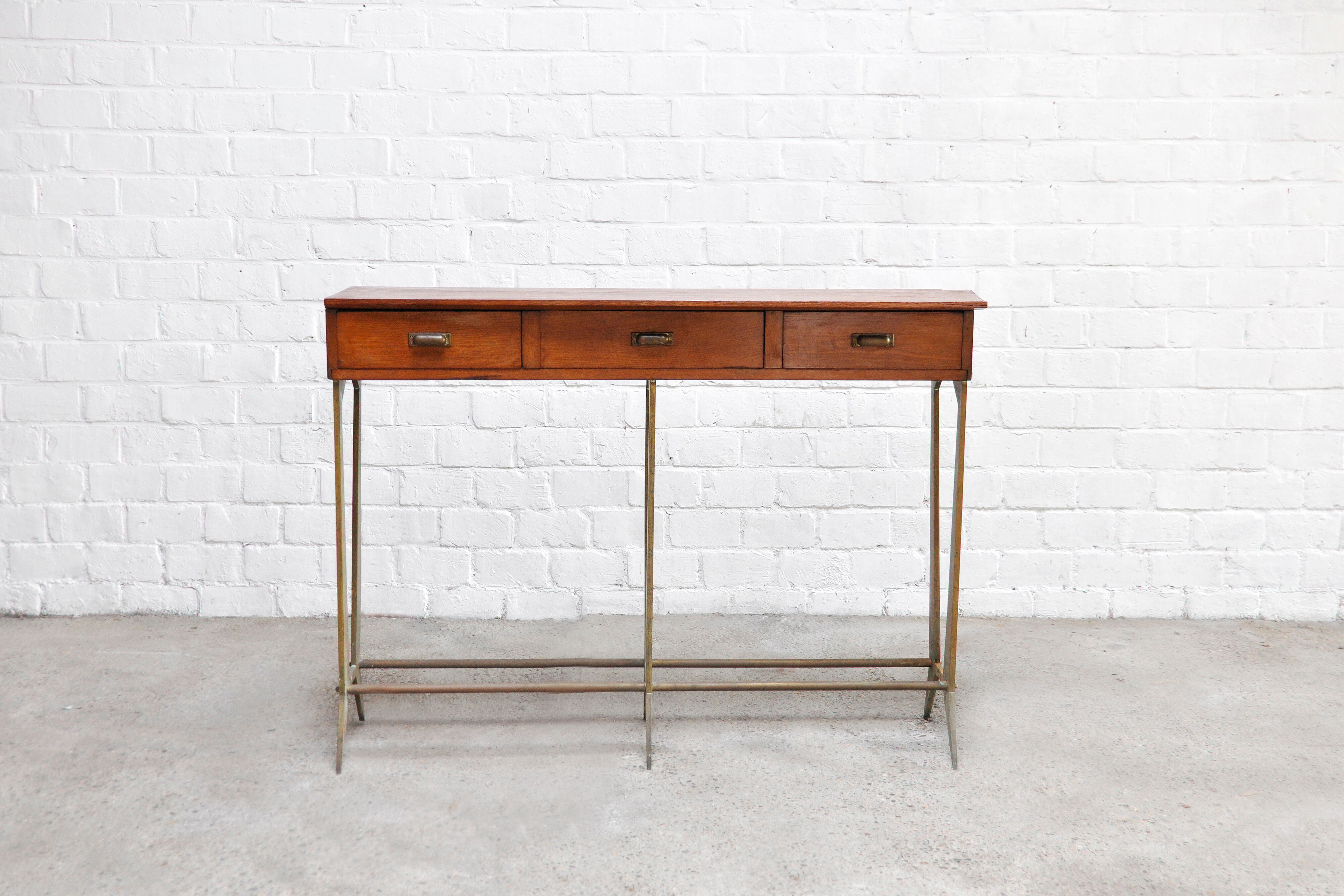 Sculptural wood & brass console table, italy 1950's