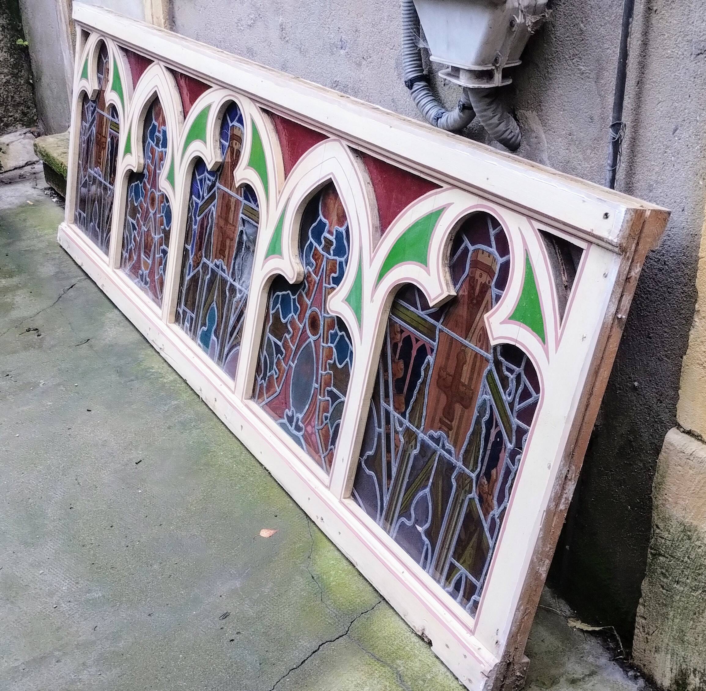 Large solid wood frame composed of 5 stained glass niches
