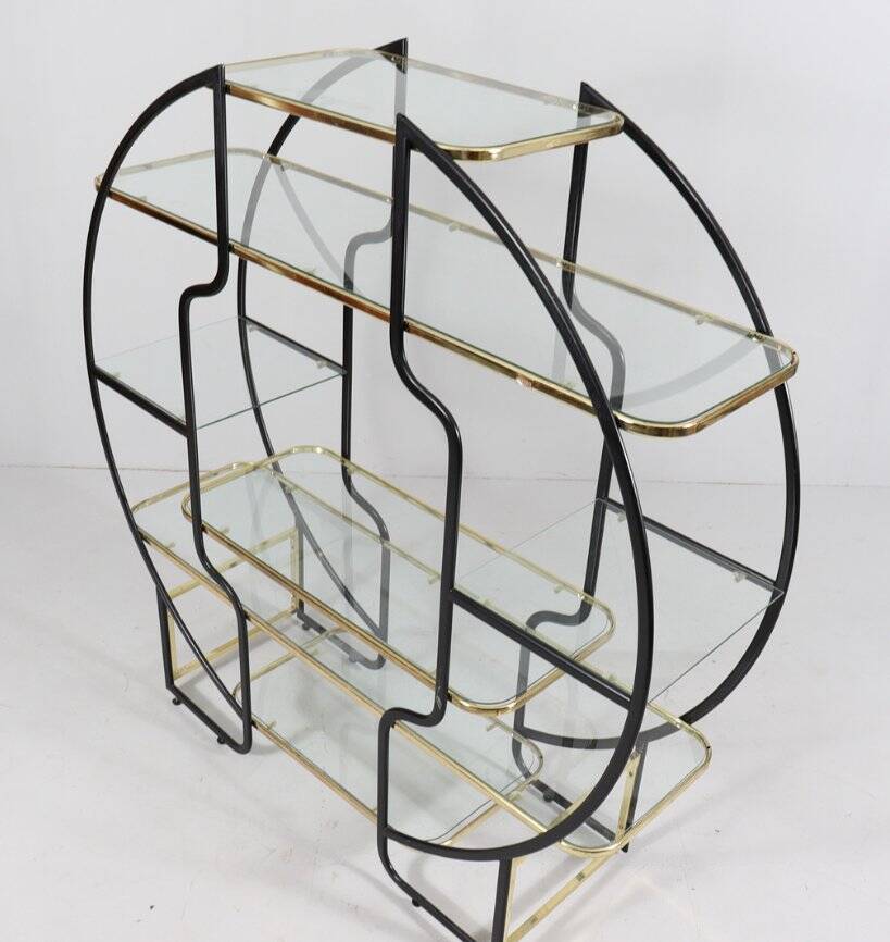 Sculptural Circular Étagère in Blackened Steel, Gold-Plated Metal and Glass