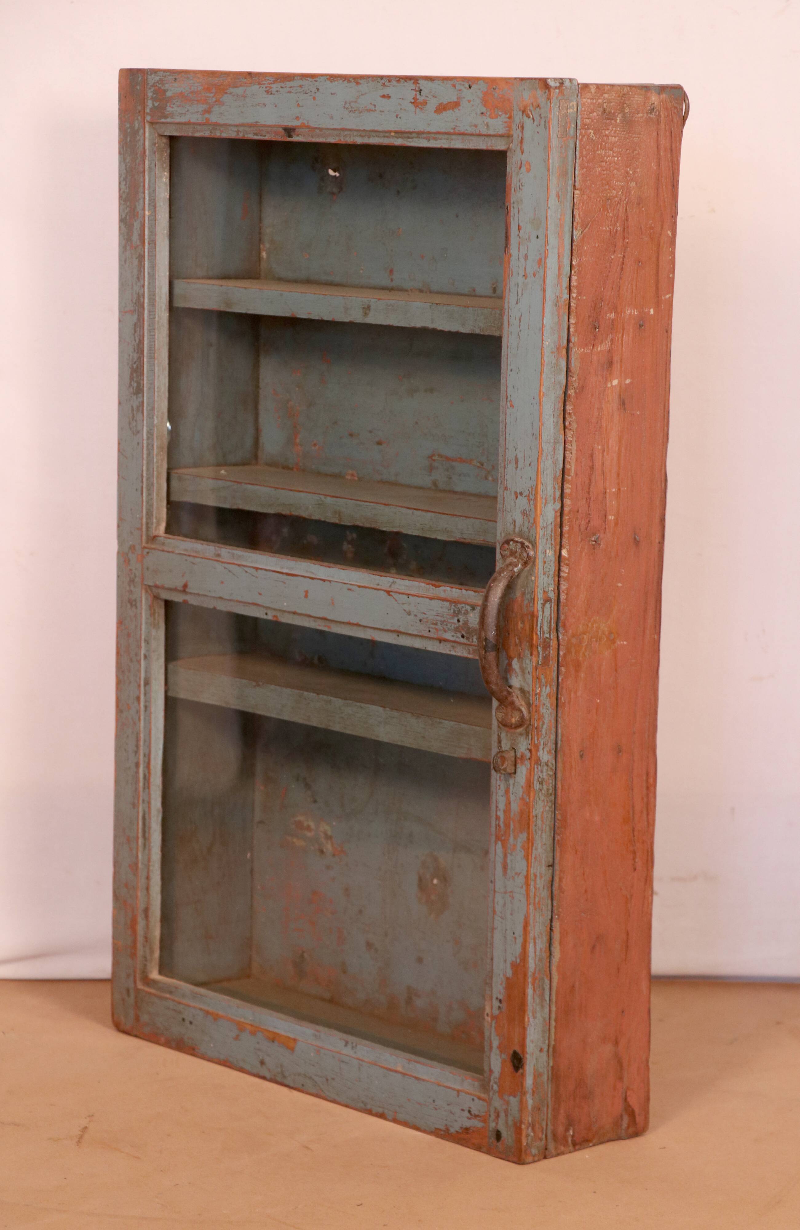 Old original grey-blue patina Burmese teak wall display case