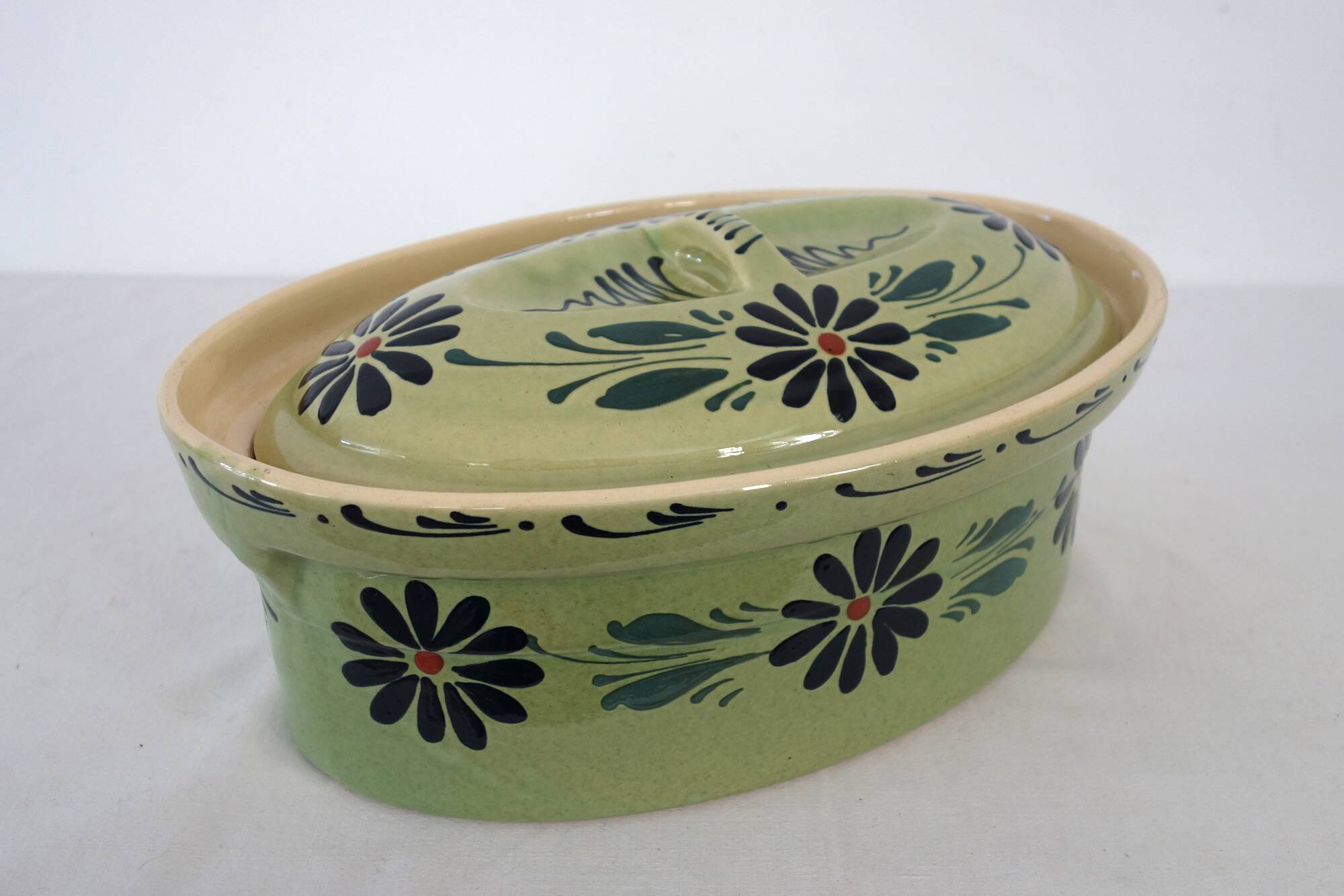 Large enameled ceramic terrine dish, vintage Alsace