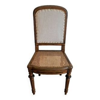 Chaise en chêne massif art déco cannage et tissu.