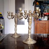 Paire de grands chandeliers 4 branches en bronze doré