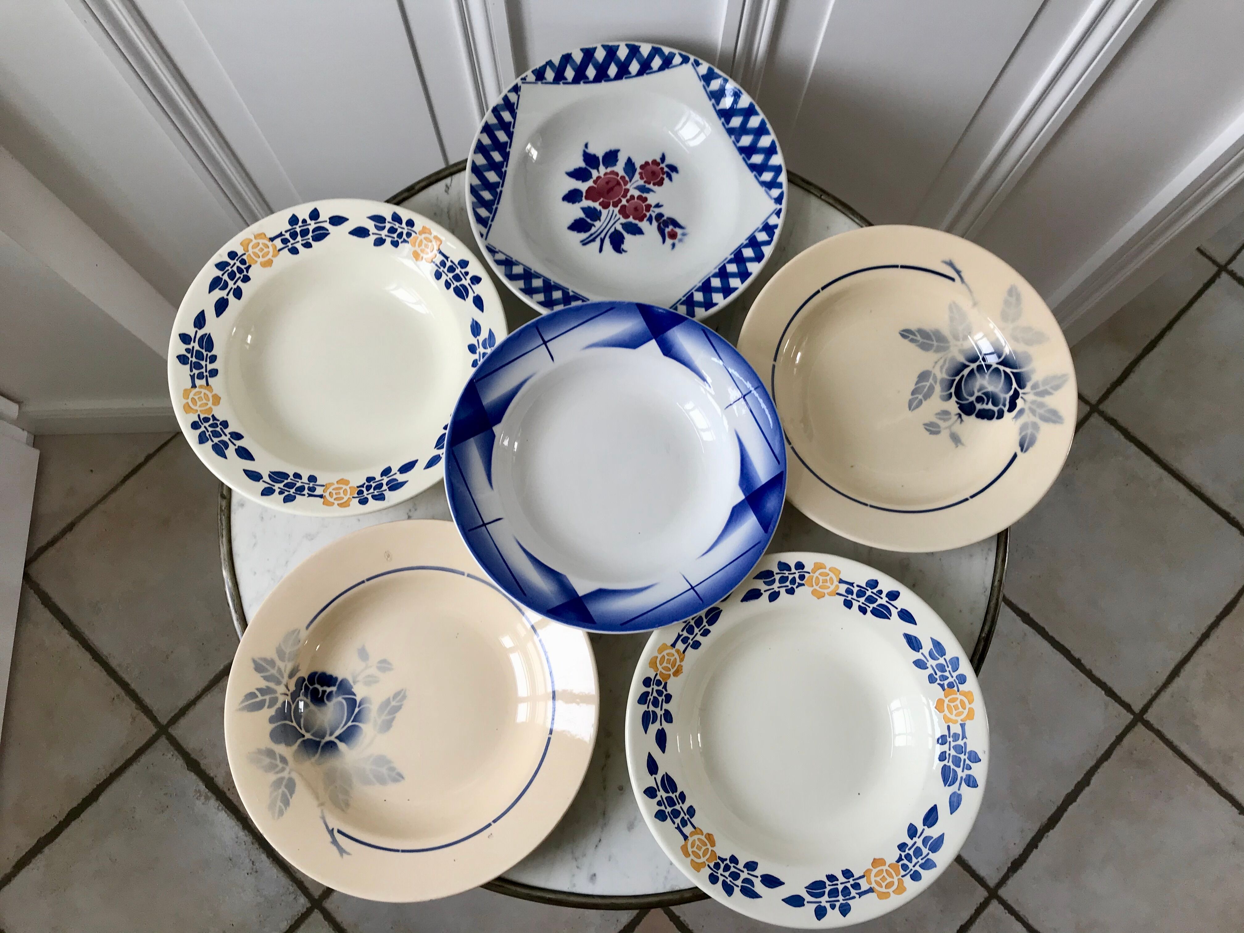 Lot de 6 assiettes creuses dépareillées digoin "artix", badonviller, nouvelles galeries années 40-50