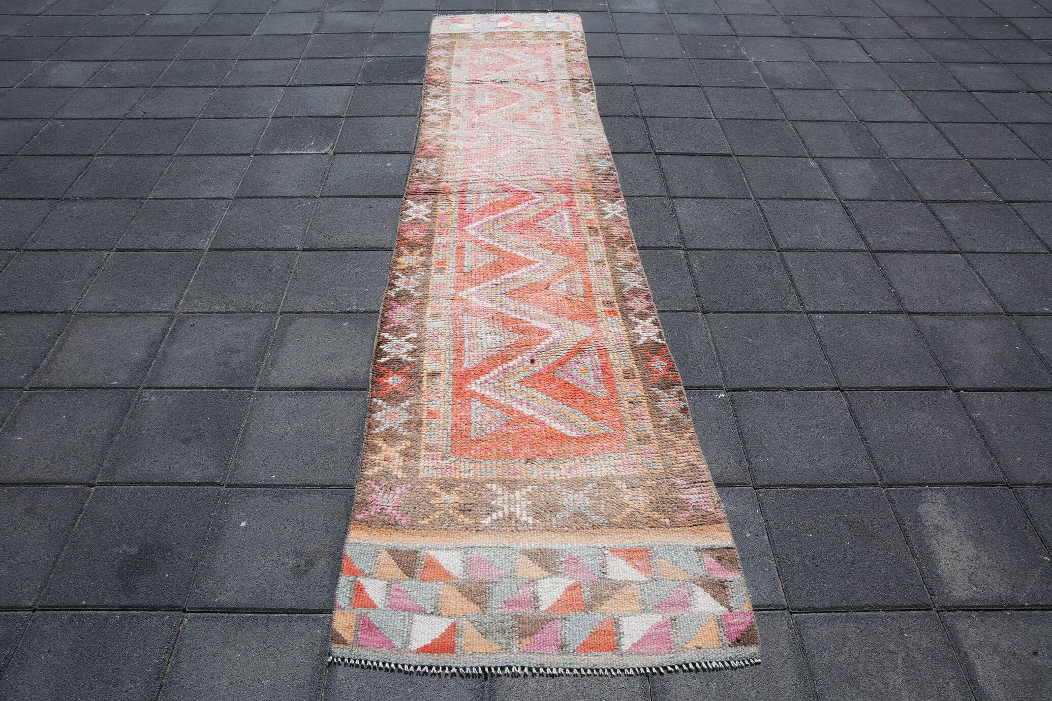 Colorful Vintage Runner Rug, Soft Pink Handmade Hallway Carpet, 82x334 Cm