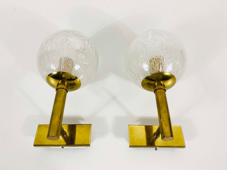 Pair of wall lamps in brass and glass Hillebrand, Germany 1960