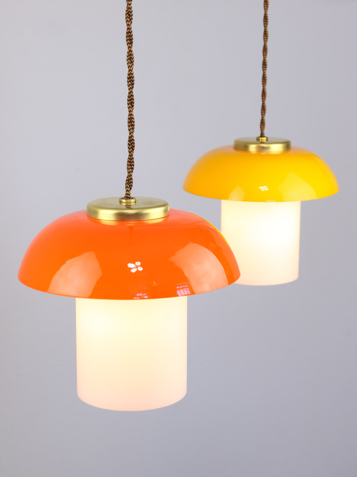 Mid-century Glass & Brass Mushroom Pendant Lamp, set of 2