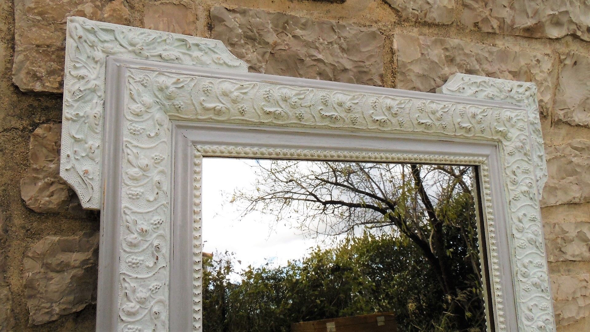 Miroir en bois patine blanc et gris Shabby chic 66x83cm