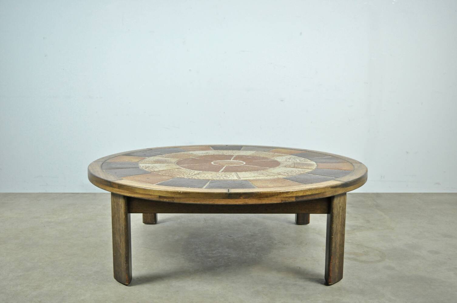 Vintage round coffee table with ceramic tiles by Danish artist TUE POULSEN,